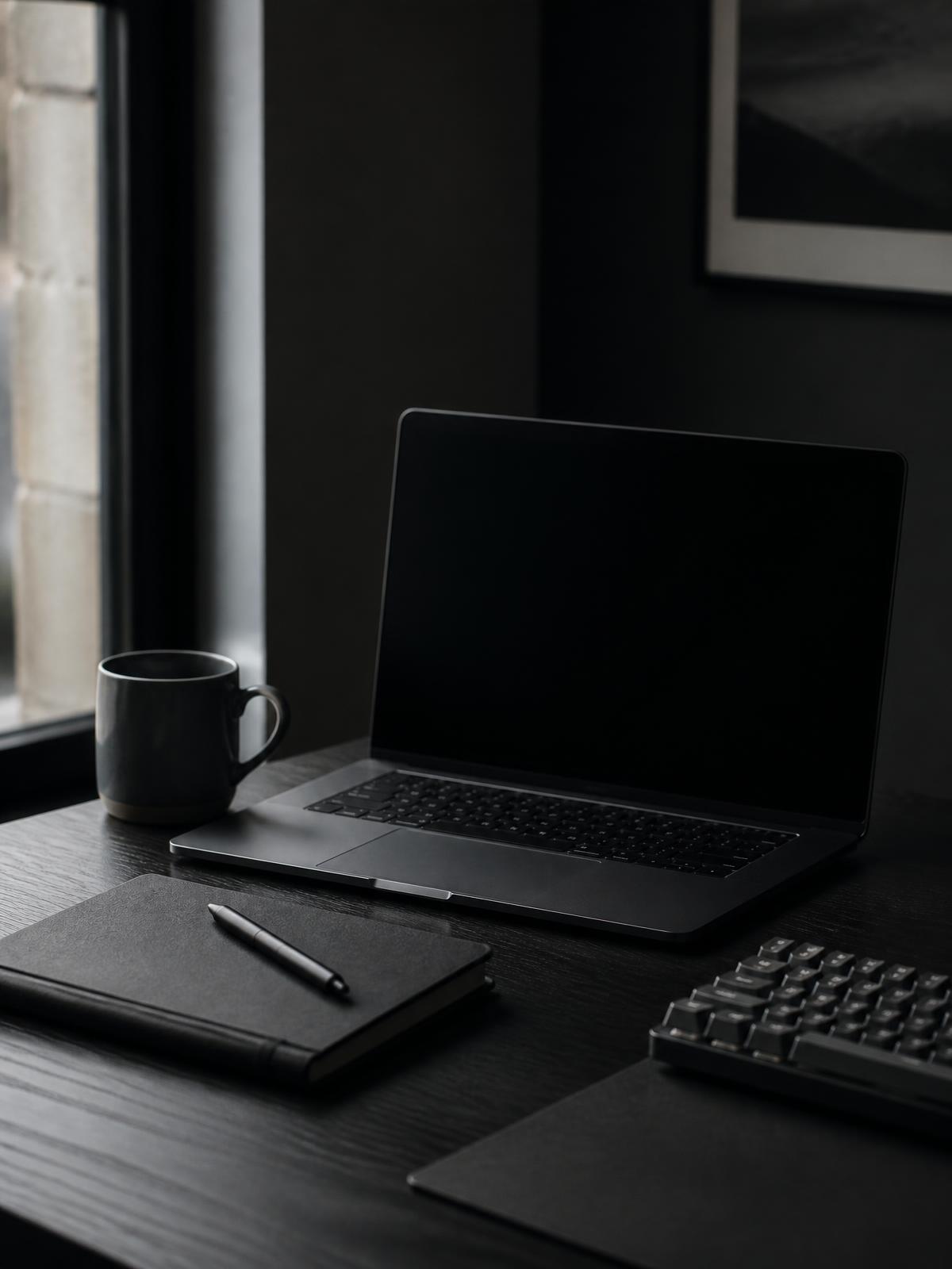 The ITS DAD workspace: a laptop, notebook and keyboard on a dark desk in low natural window light.